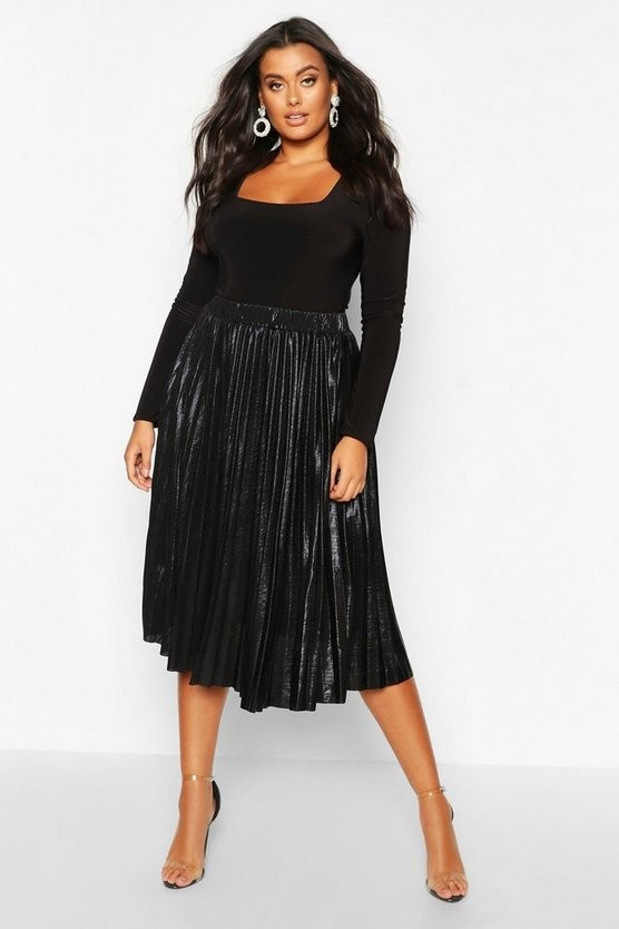 Plus Metallic Pleated Midi Skirt | Boohoo.com (US & CA)