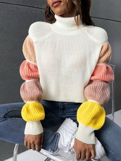 SHEIN Colorblock Raglan Sleeve High Neck Sweater | SHEIN