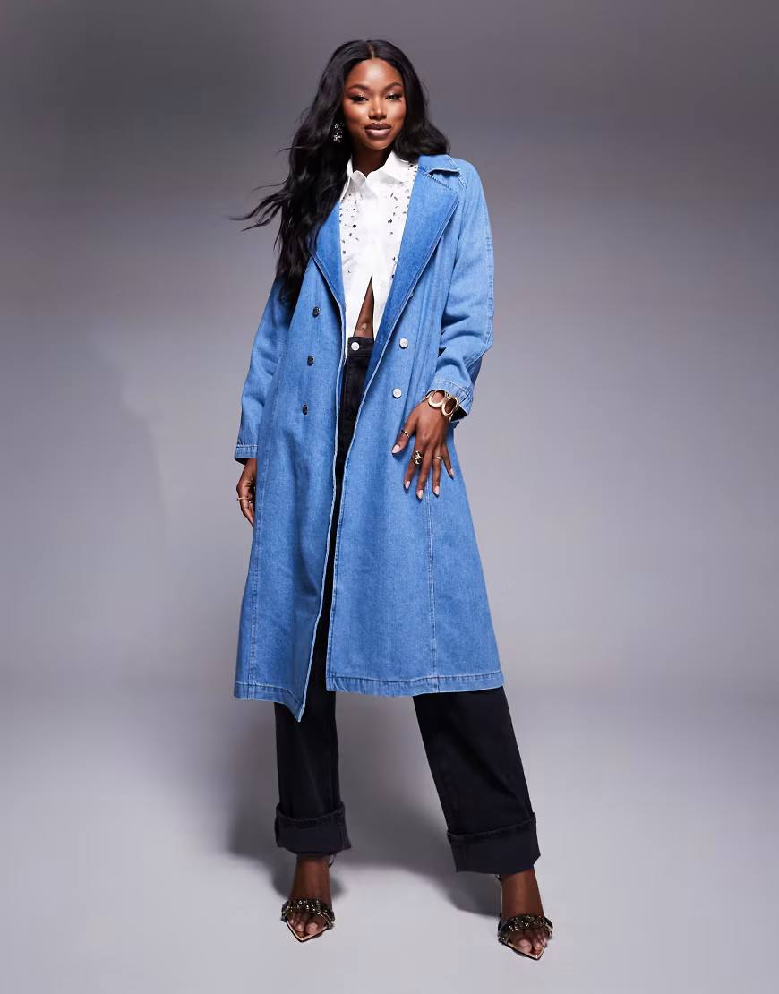ASOS DESIGN denim trench coat in mid blue | ASOS (Global)