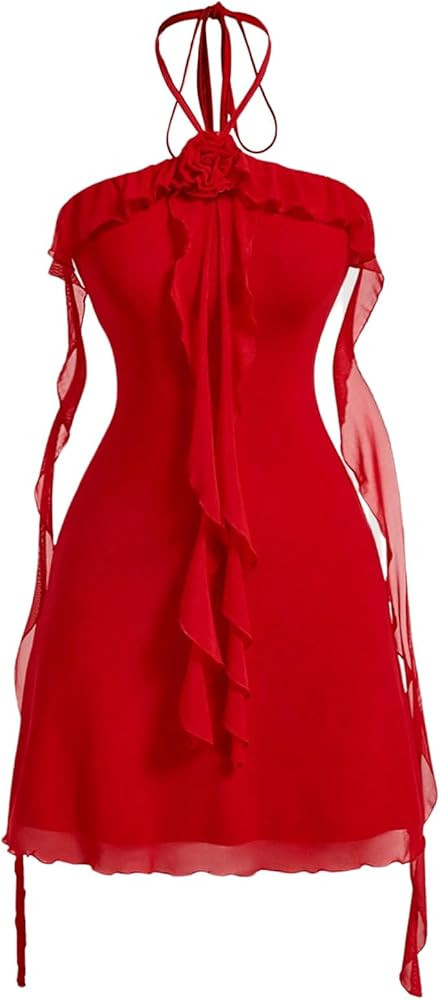 SOLY HUX Women's Summer Dresses Halter Bodycon Irregular Ruffle Trim 3D Flower Cami Mini Party Cl... | Amazon (US)