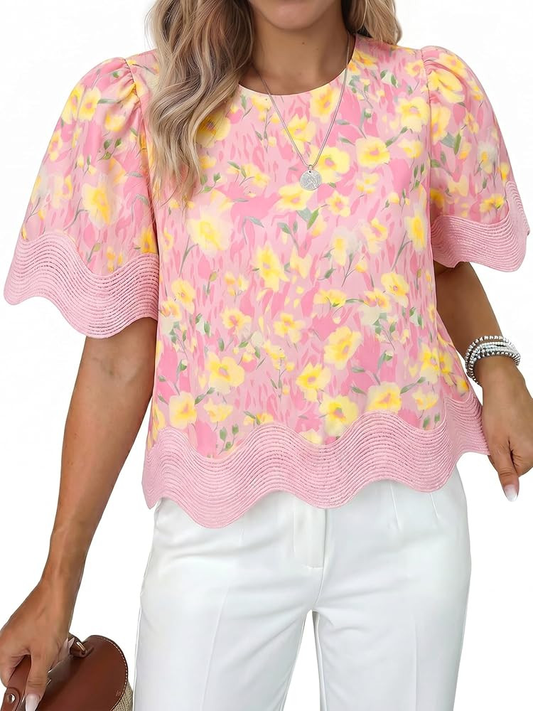 Tankaneo Womens Short Sleeve Crop Tops Summer Casual Scalloped Flowy Blouse Crewneck Ruffle Loose... | Amazon (US)
