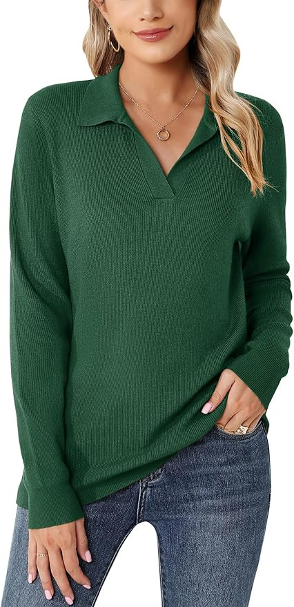 Romanstii Women's Knitted Collared Sweaters Long Sleeve V-Neck Polo Shirts Winter Pullover Tops | Amazon (US)