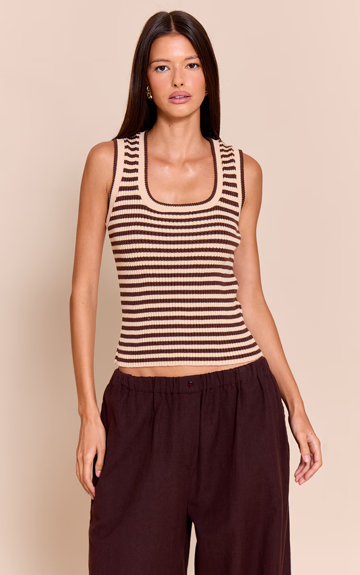 Brown Scooped Neck Striped Rib Knit Vest | PrettyLittleThing UK