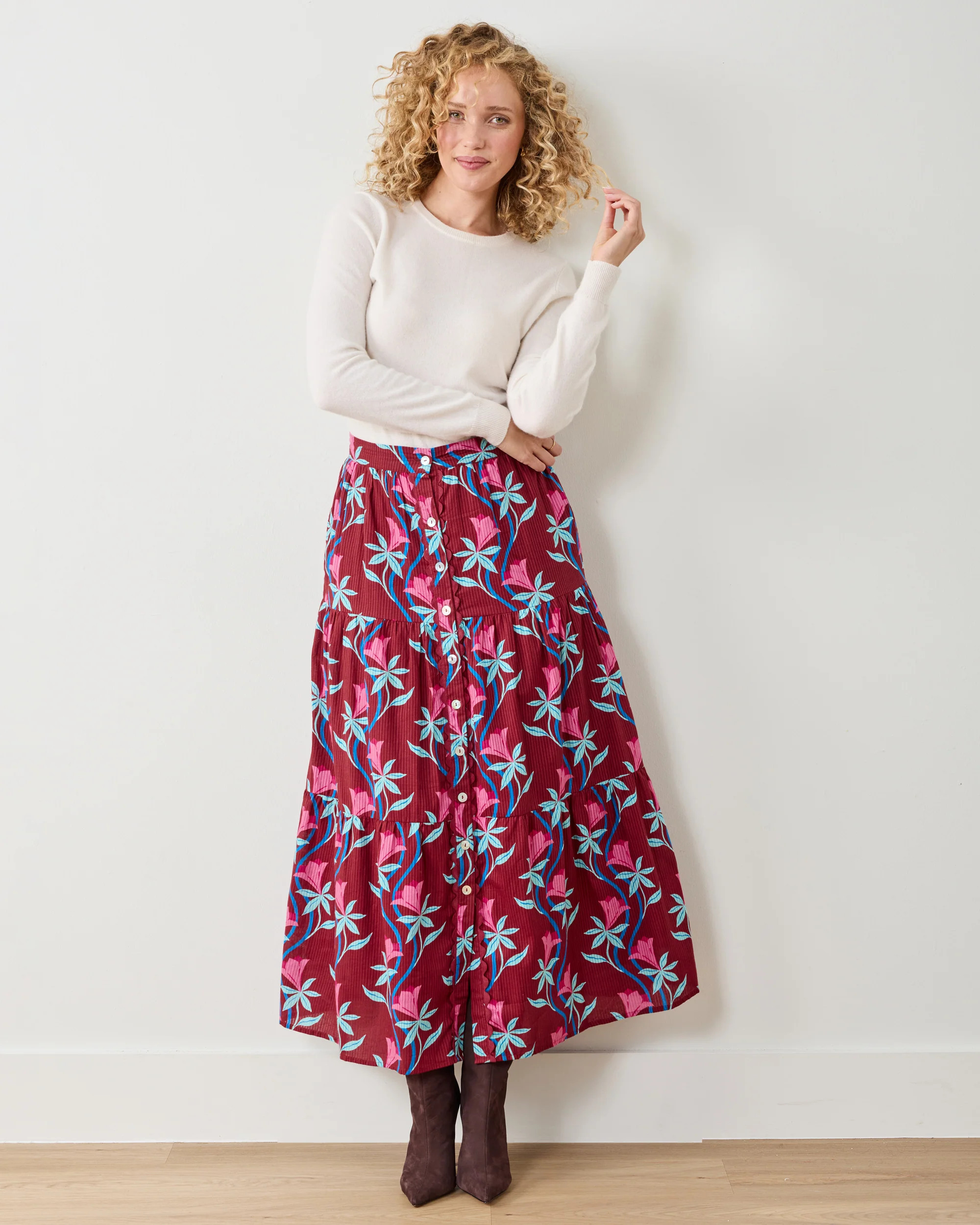 Printfresh Women's Organic Cotton Maxi Skirt in Red Moonflower Vine | Printfresh