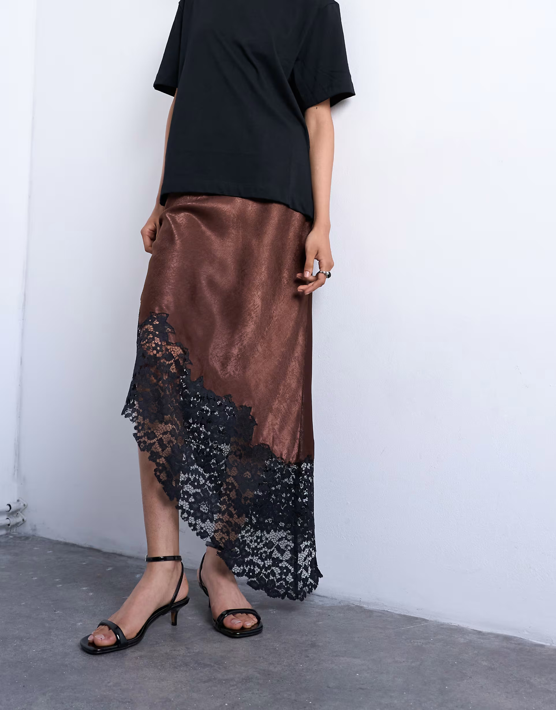 Topshop satin asymmetric lace hem maxi skirt in chocolate | ASOS (Global)