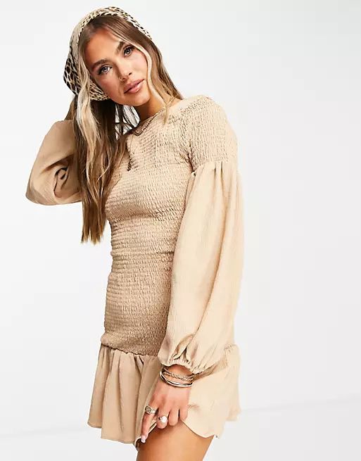 ASOS DESIGN shirred mini dress with bubble sleeve and pep hem in beige | ASOS | ASOS (Global)