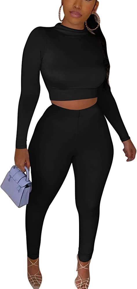 Women's Workout Tracksuit 2 Piece Outfits Long Sleeve Crop Top High Waist Legging Pants Set | Amazon (US)