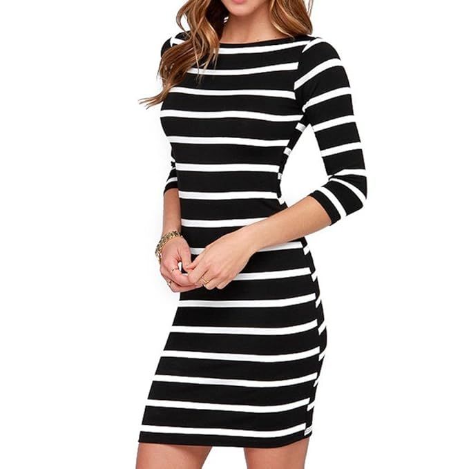 Soatrld Women's 3/4 Sleeve White Black Striped Mini Bodycon Dress Wear to Work Casual Party Penci... | Amazon (US)