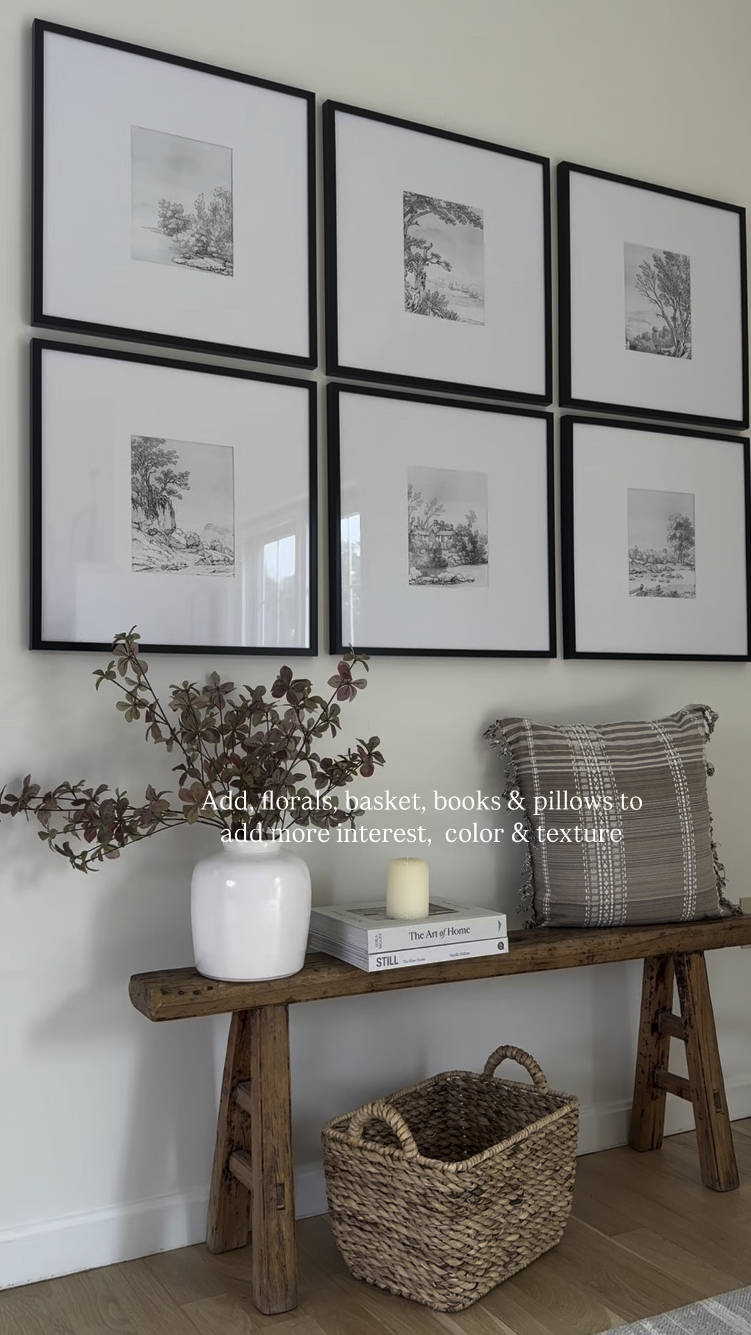 Gallery wall, this is a great idea. If you have a blank wall in your house the frames I got are 20 x 20 so it takes up a lot of wall space. I added a wood bench below for more color and interest and some decor items on top like a pillow blanket basketstyling books, and a candle.

#LTKHome #LTKFamily #LTKStyleTip