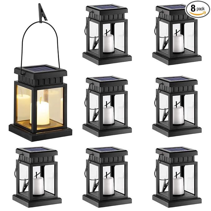 GIGALUMI 8 Pack Solar Hanging Lantern Outdoor, Candle Effect Light with Stakes for Garden, Patio,... | Amazon (US)