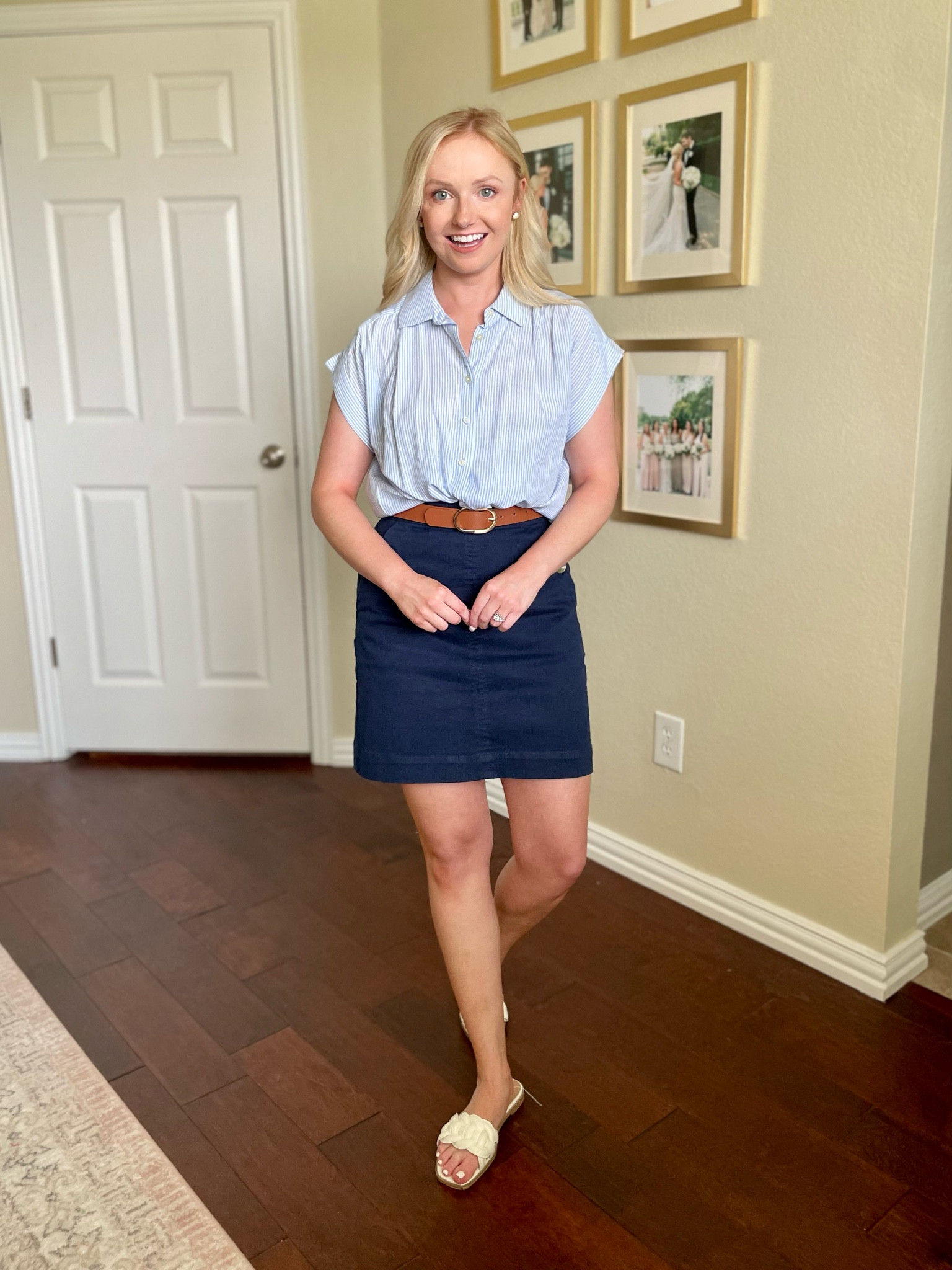 Navy skirt, blue and white stripes, blue and white shirt, dolman shirt, brown sandals 

#LTKSeasonal #LTKstyletip #LTKFind