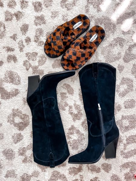 Checker board slippers
Black boots 
Holiday style 

#LTKshoecrush #LTKHoliday #LTKSeasonal