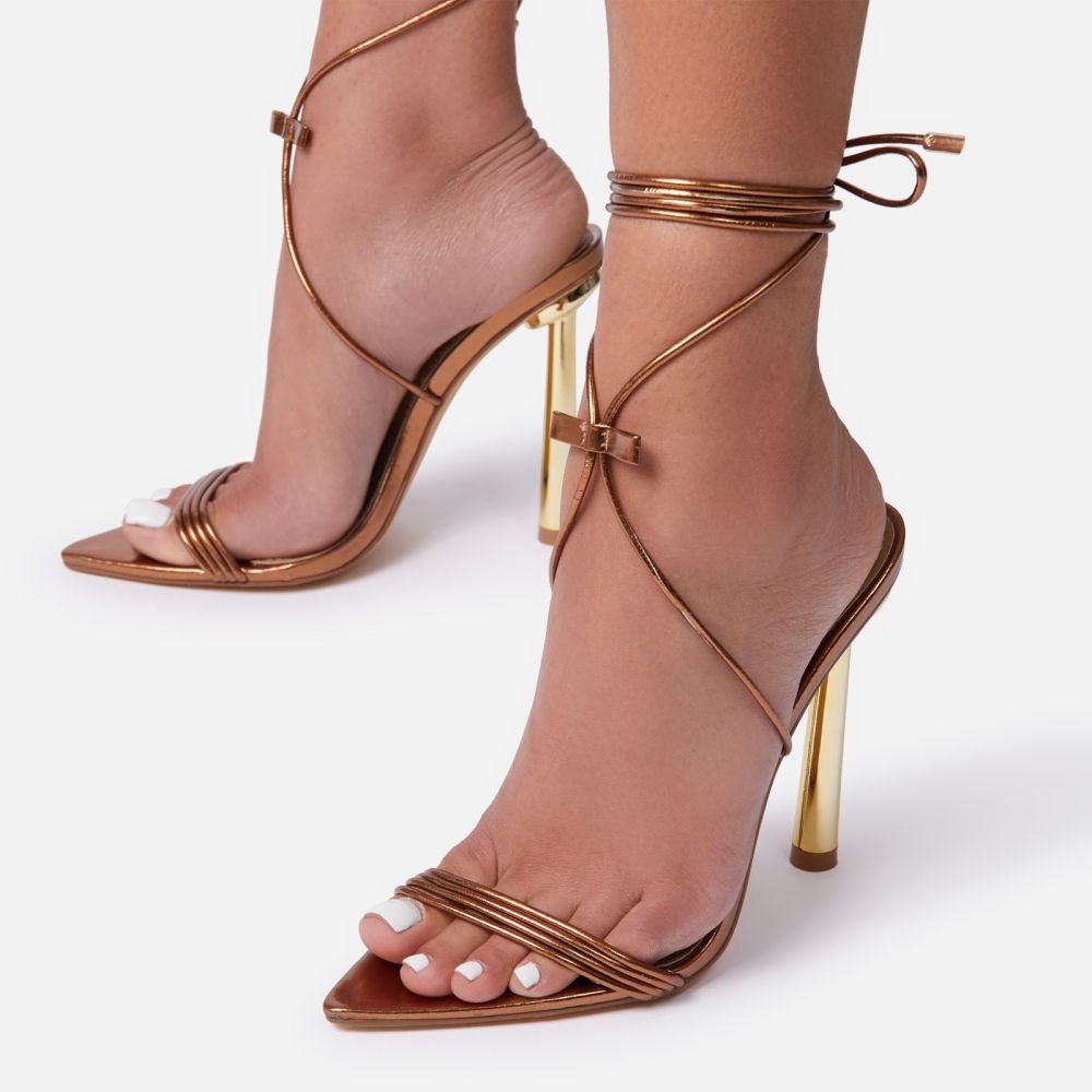 Victoria Bow Detail Lace Up Pointed Toe Metallic Heel In Brown Faux Leather | EGO Shoes (US & Canada)