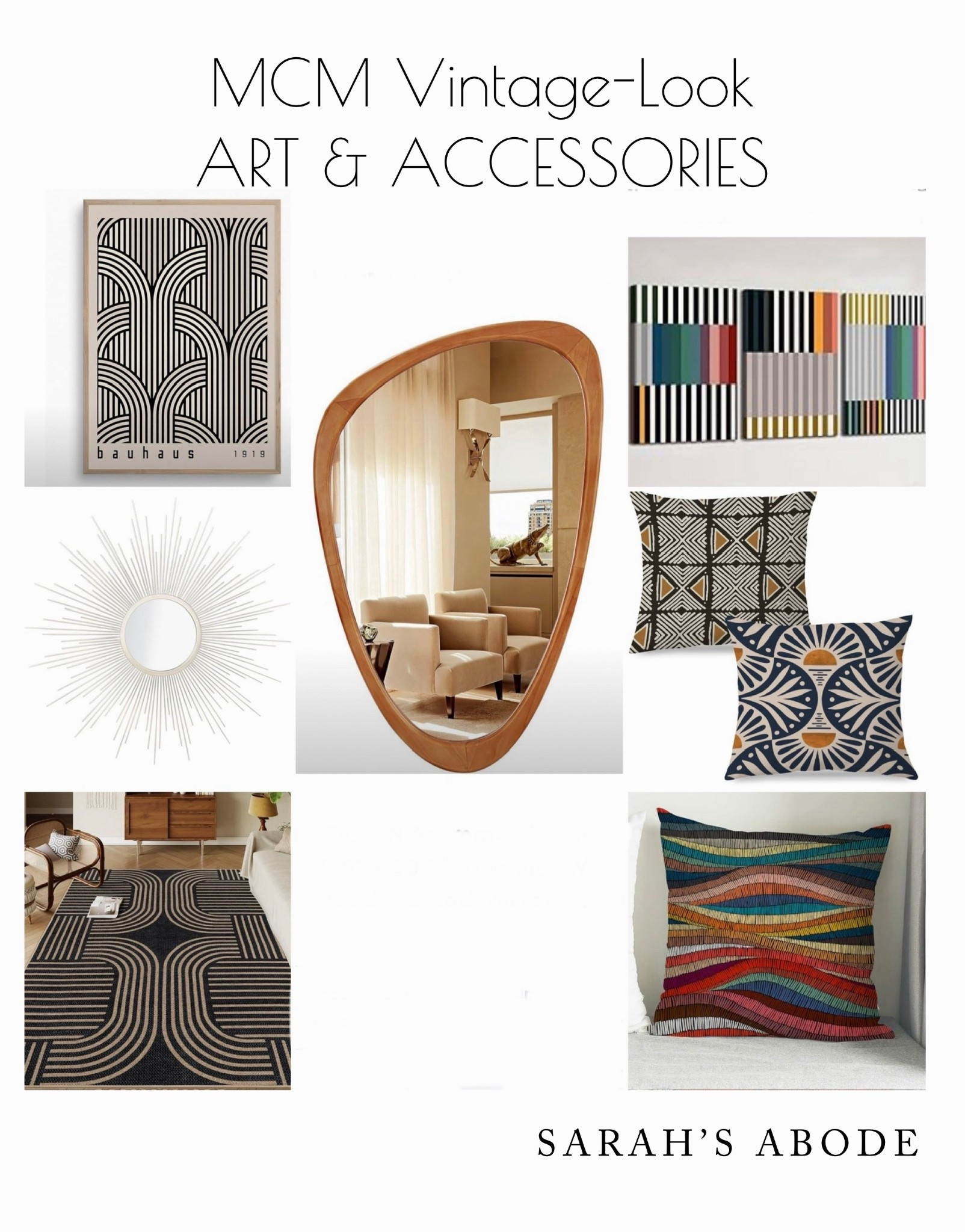 Create a vintage look for your family room, dining room or bedroom with these accessories. 

MCM. Mid century. Modern. Mirror. Modern rug. Geometric rug. Modern art. Black and white art. Poster. Colorful art. Colorful pillows. Rainbow  

#LTKHome #LTKFamily #LTKSaleAlert