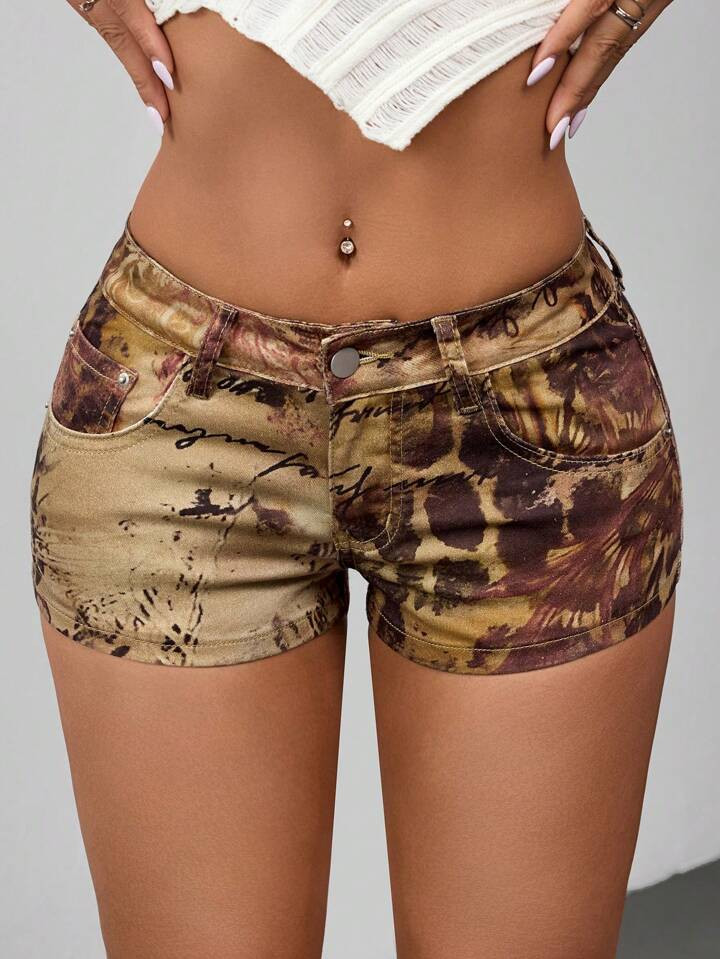 Jeanoix Street Style Leopard & Floral Print Low Waist Fashionable Women Denim Shorts, Summer | SHEIN