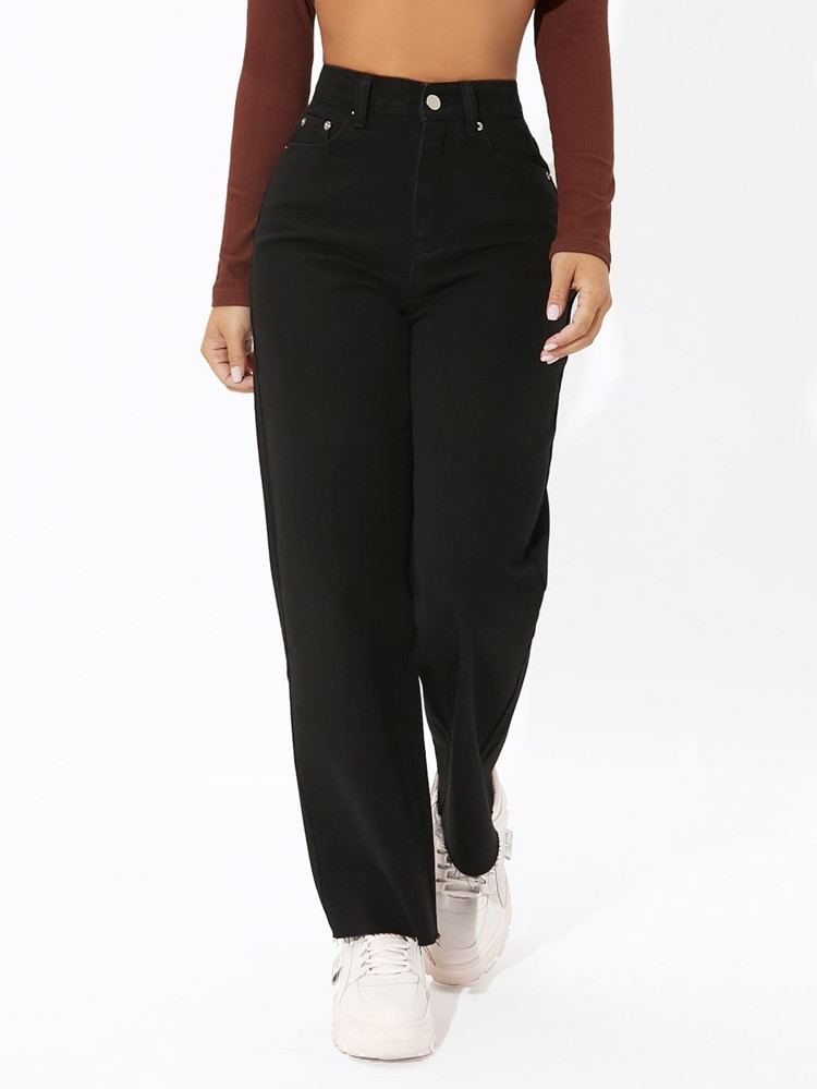 SHEIN PETITE Solid Raw Hem Jeans | SHEIN