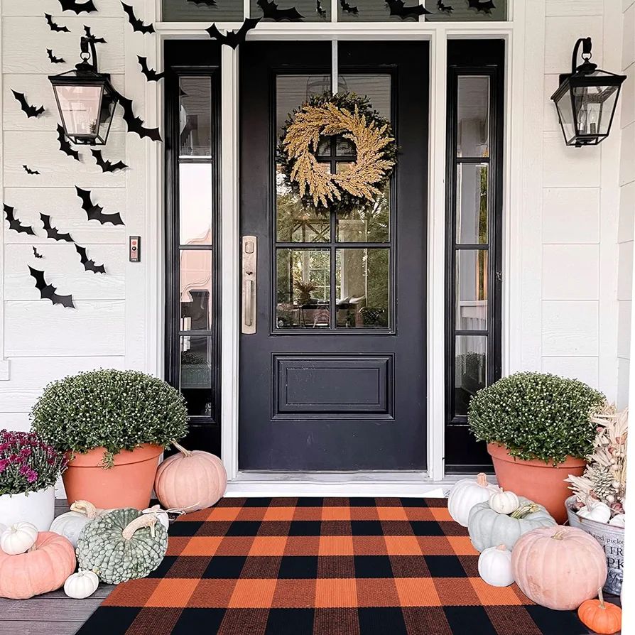 Cotton Orange and Black Plaid Rug, 27.5''x43'' Fall Outdoor Front Door Decorative Mat, Hand-Woven... | Amazon (US)