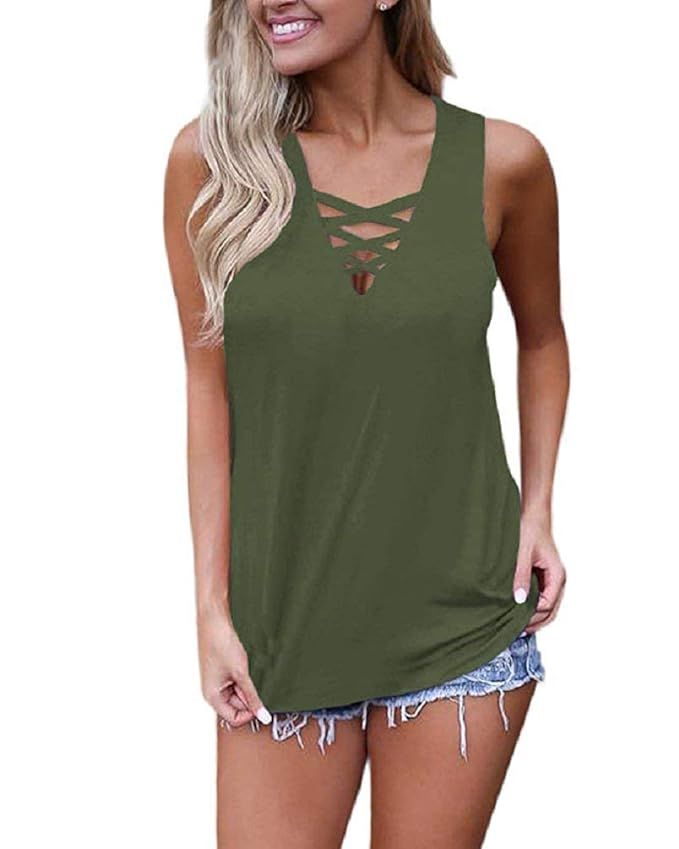 WNEEDU Women's Summer Sleeveless Criss Cross Casual Tank Tops Basic Lace up Blouse | Amazon (US)