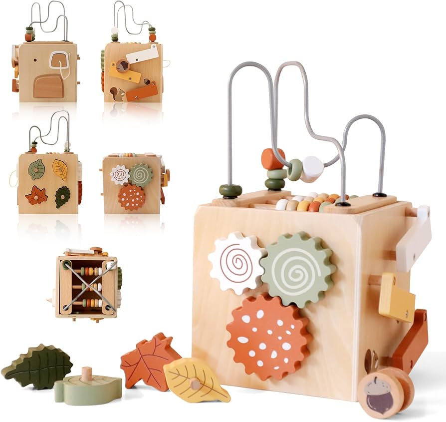 Montessori Baby Activity Cube for Toddlers, 5 in 1 Large Wooden Activity Center with Bead Maze Sh... | Amazon (US)