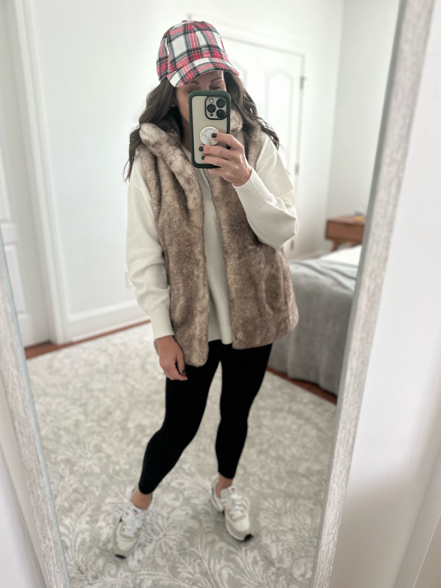 The coziest outfit! Sweater and leggings paired with a faux fur vest and the cutest plaid hat! 

Fall outfit, winter outfit, casual fall, casual winter, neutral sneakers 

#LTKstyletip #LTKHoliday #LTKSeasonal