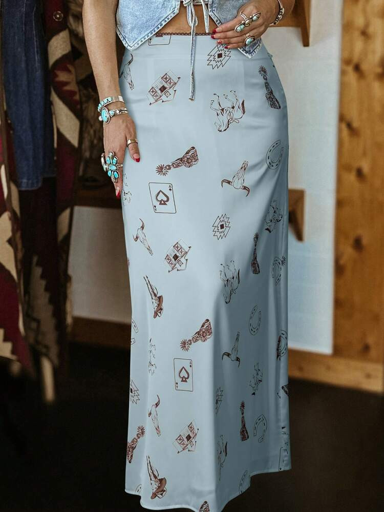 Acelitt Women's Satin Personalized Tight Skirt With Western Style Wild Horse Print Elements, All Season | SHEIN