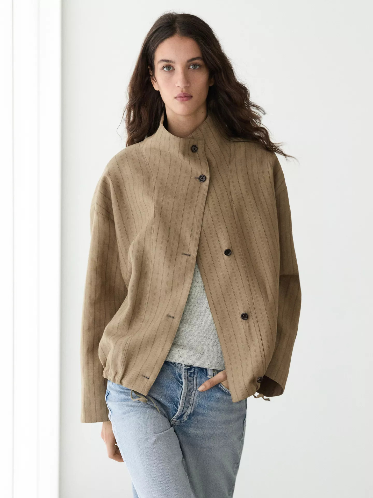 Striped linen blend bomber jacket | Massimo Dutti UK