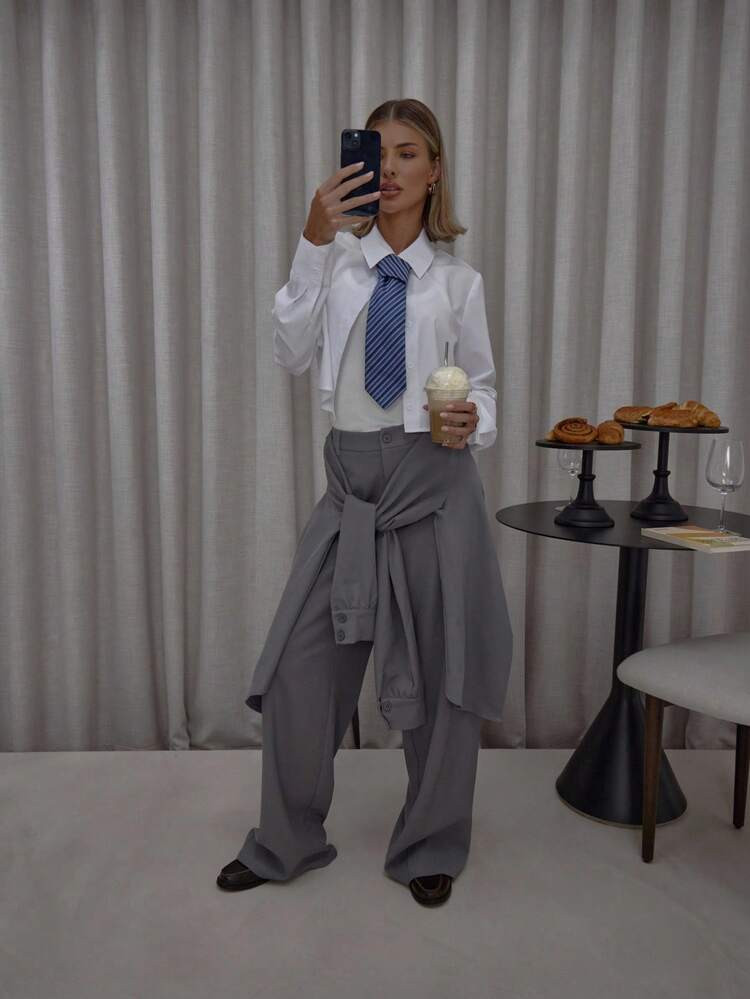 MUSERA Overlayered Wrap Over Shirt Tie Detail Wide Leg Suit Trousers Streetwear Cute Classy Casual Sexy Going Out Toffee Summer | SHEIN