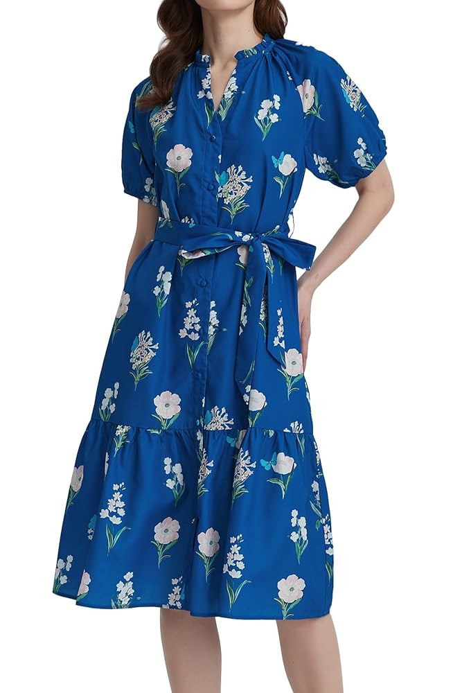 Women Summer Floral Midi Dress Puff Short Sleeve V Neck Button Belt Casual Flowy Maxi Beach Vacat... | Amazon (US)
