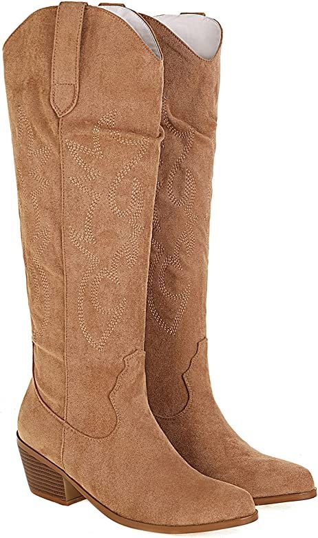 Erocalli Cowboy Boots for Women Embroidered Pull-On Chunky Stacked Heel Cowgirl Knee High Western... | Amazon (US)