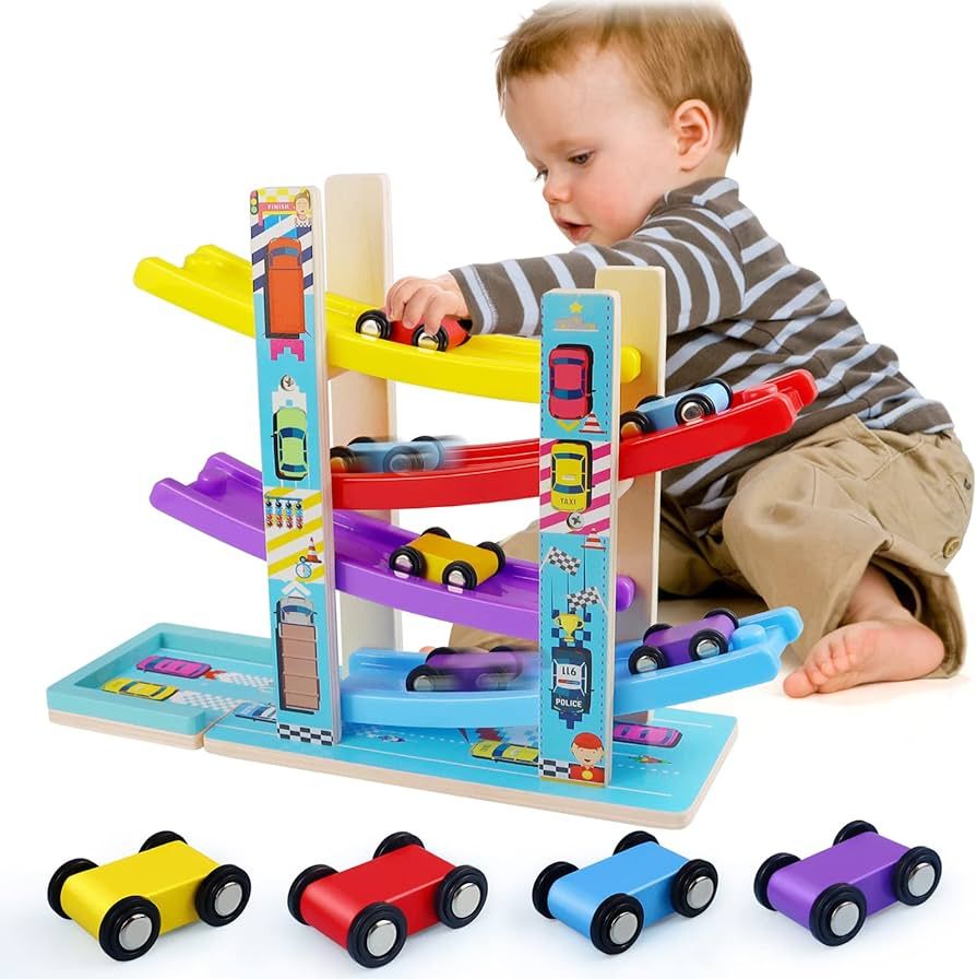 Montessori Toys for Toddlers, Children Race Track Toy with 4 Cars and 1 Wooden Parking Lot, Stabl... | Amazon (US)