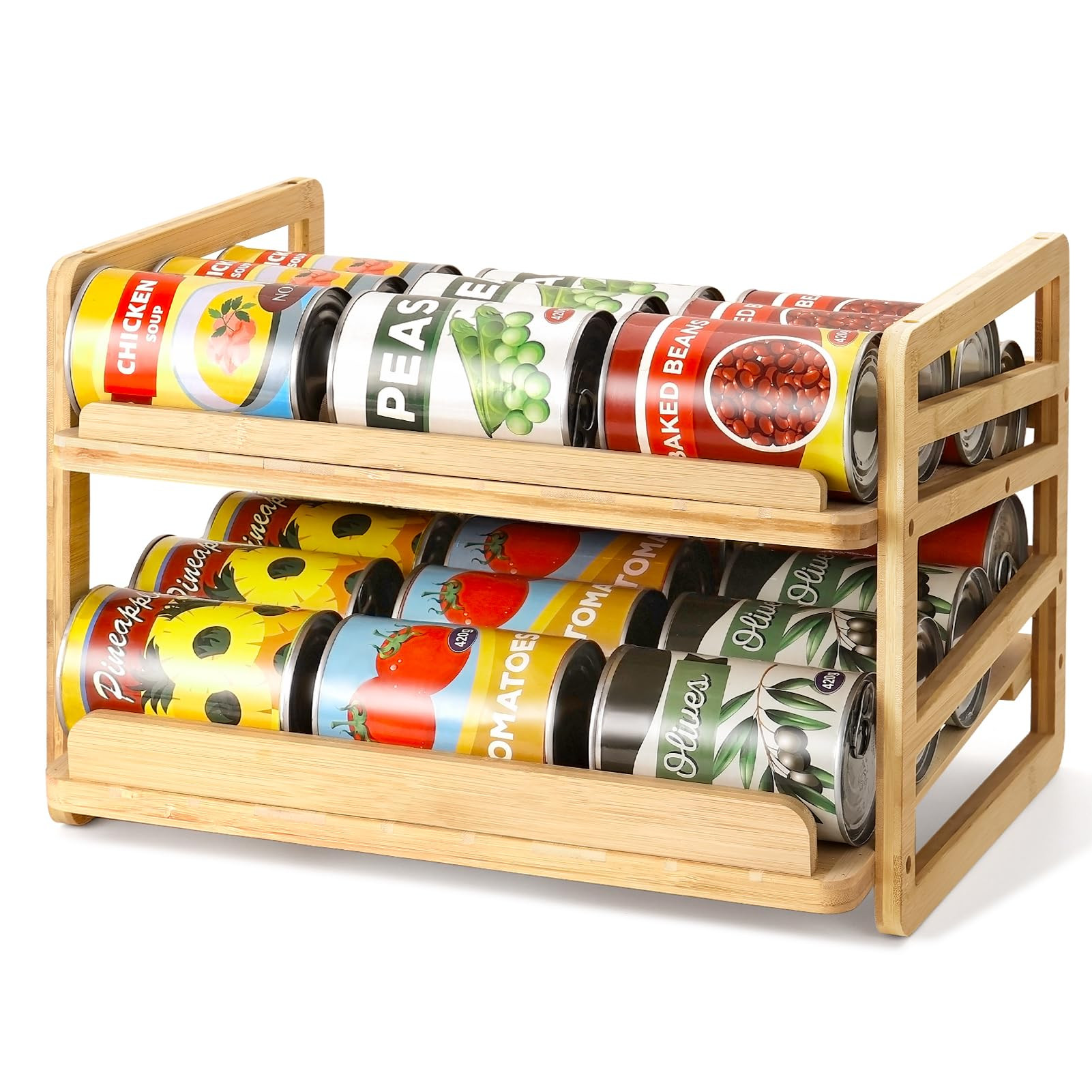 Rolling Bamboo Can Organizer Rack, Stackable Double-Layer Can Organizers and Storage For Pantry, ... | Amazon (US)