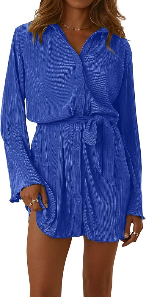 LYANER Women's Collar V Neck Button Down Pleated Long Sleeve Mini Shirt Dress with Belt | Amazon (US)