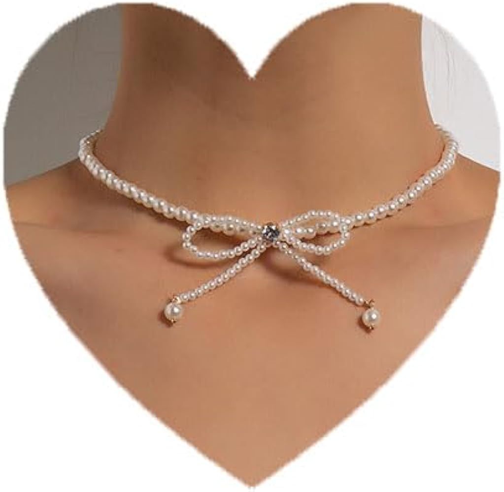 Boho Pearl Choker Necklace Gold Bow Chain Necklace Pearl Crystal Bow Necklace Vintage Pearl Beade... | Amazon (US)