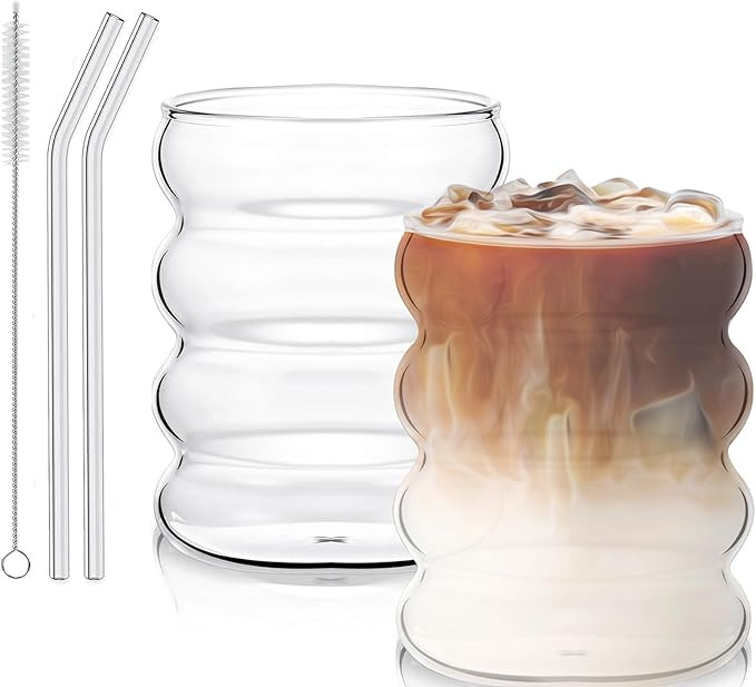 Lot de 2 verres à café cannelés de 300 ml avec pailles en verre nervurées pour la restauratio... | Amazon (FR)