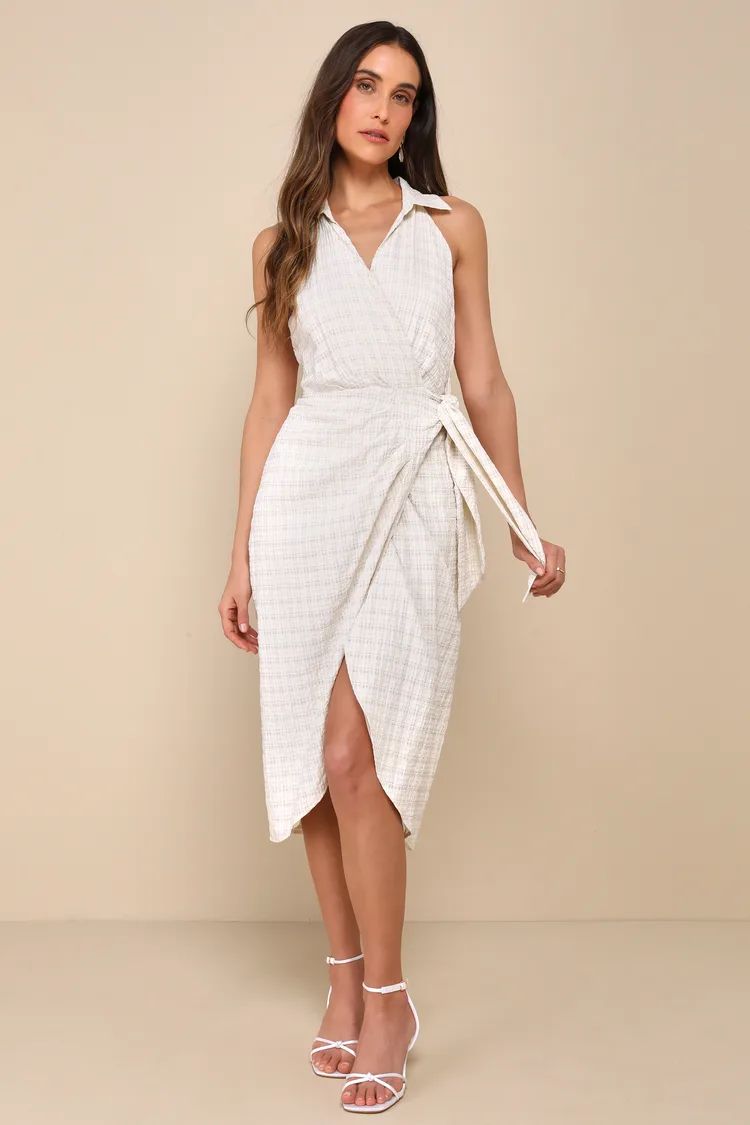 Complete Poise Cream Textured Collared Tie-Front Wrap Midi Dress | Lulus