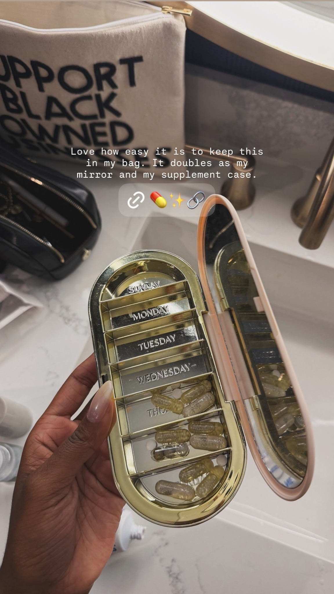 Love how easy it is to keep this in my bag. It doubles as my mirror and my supplement case.