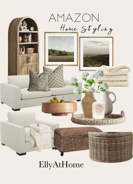 Amazon home summer  living room styling. Wood arch cabinet, Neutral sofa, side chair, rattan woven chest, tray, vases, throw pillows, throw blankets, framed artwork, vases, candle, summer florals, Home decor accessories, free shipping. 

#LTKSaleAlert #LTKHome #LTKFindsUnder50