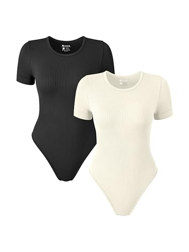 OQQ Women 2 Piece Bodysuits Sexy Crew Neck Short Sleeve Stretch Basic Bodysuits Black Beige | Amazon (US)