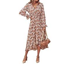 Women Long Sleeve Wrap Maxi Dress V Neck Boho Floral High Waist Flowy Ruffle 2023 Summer Fall Dre... | Amazon (US)