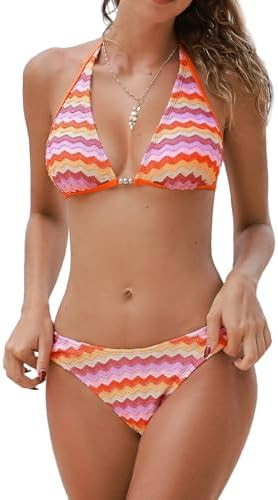 CUPSHE Women's Bikini Sets Two Piece Bathing Suit Halter Plunging Neck Open Back, Low Rise High C... | Amazon (US)