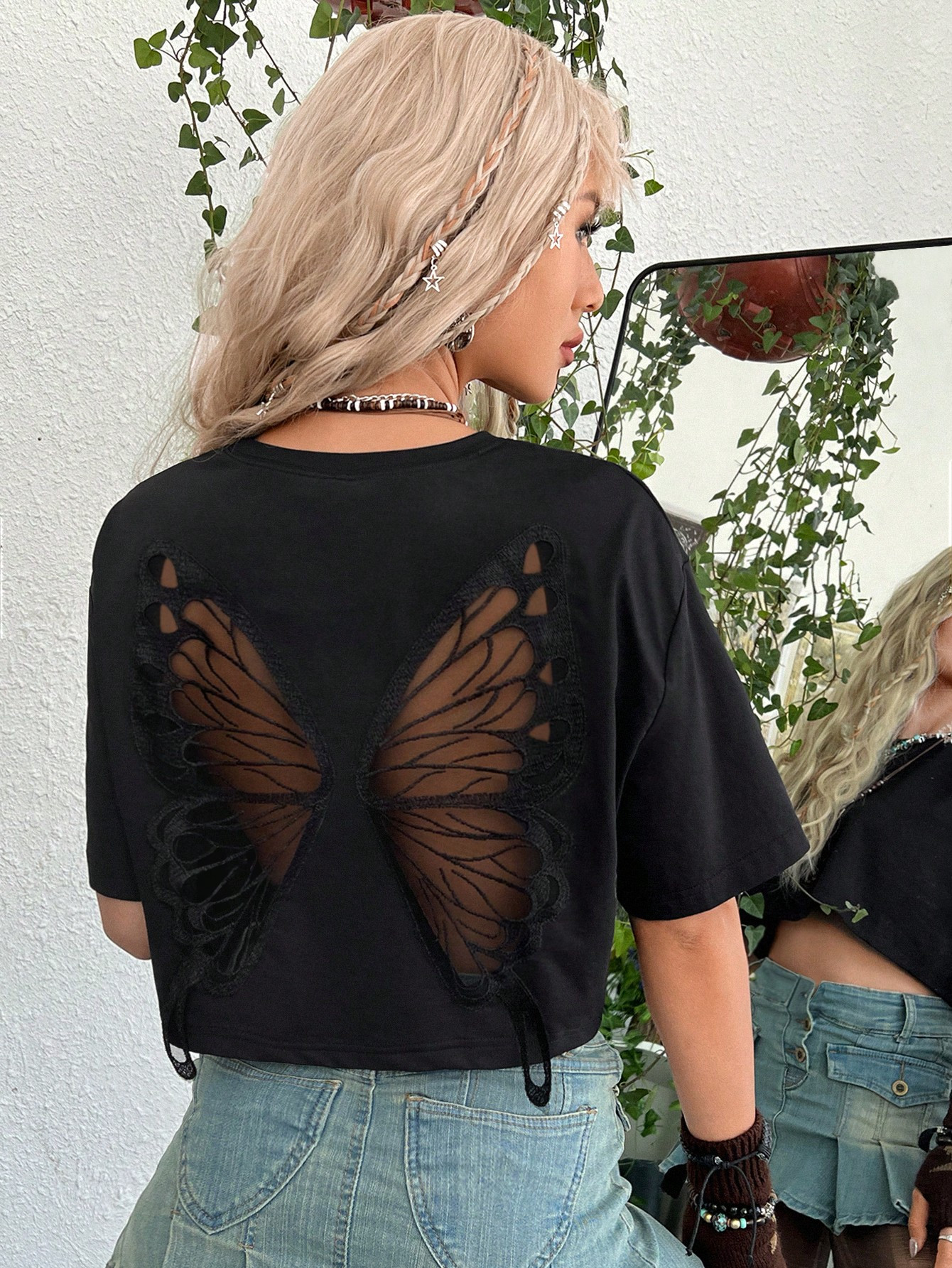 ROMWE PUNK Butterfly Mesh Insert Drop Shoulder Tee, School | SHEIN