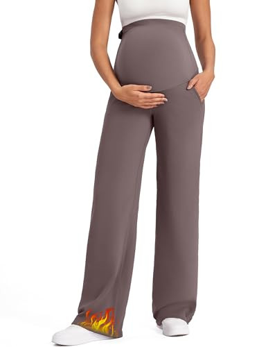 G4Free Maternity Pants Fleece Lined Over The Belly Workout Pregnancy Wide Leg Yoga Sweat Pants with Pockets for Business Casual(Taupe,XXL,Regular) | Amazon (US)