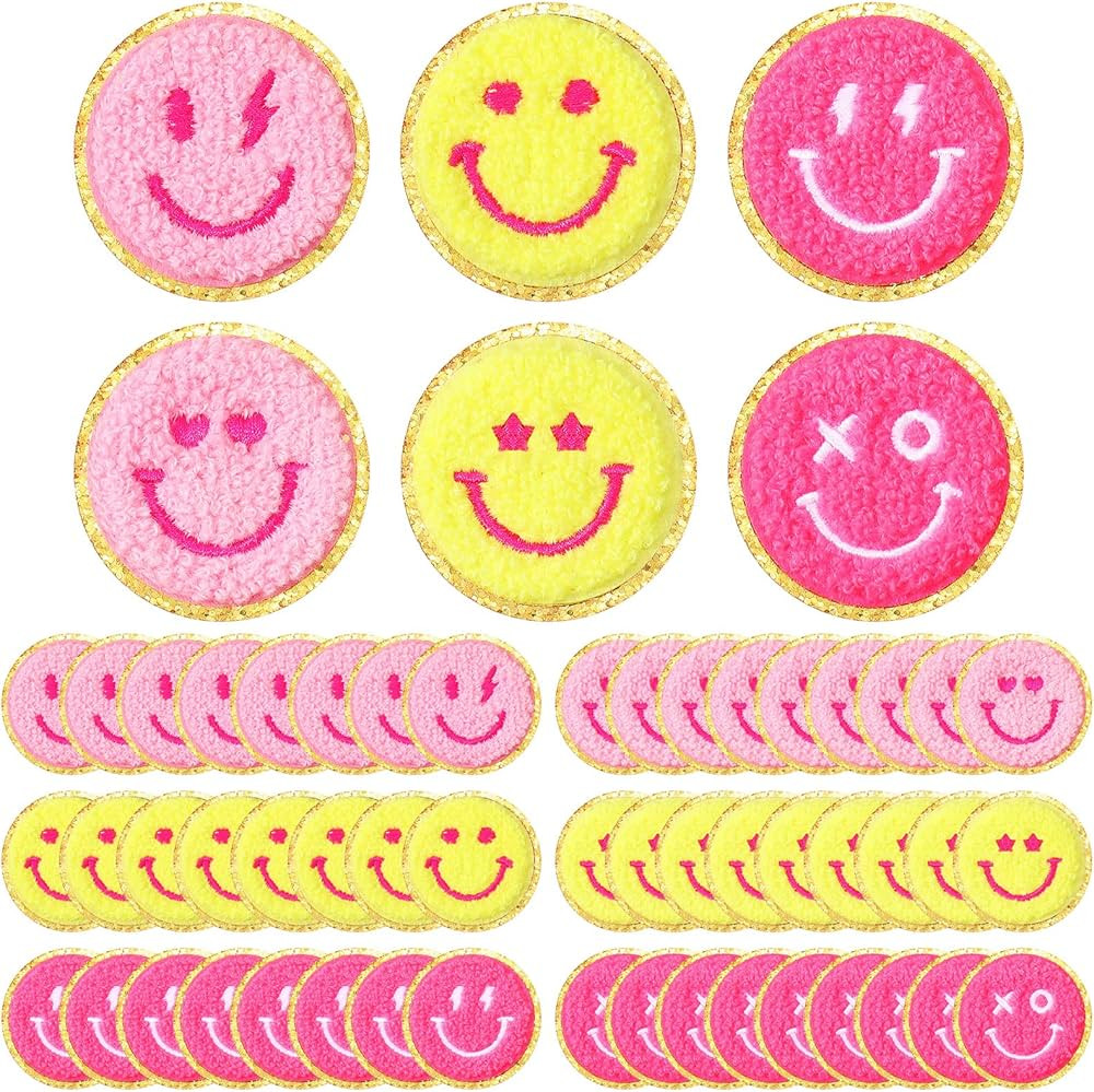 48 Pcs Happy Face Iron on Patches Self Adhesive Smile Face Patch Glitter Chenille Preppy Patches ... | Amazon (US)