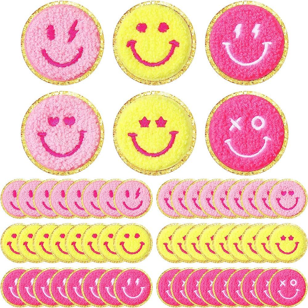 48 Pcs Happy Face Iron on Patches Self Adhesive Smile Face Patch Glitter Chenille Preppy Patches ... | Amazon (US)