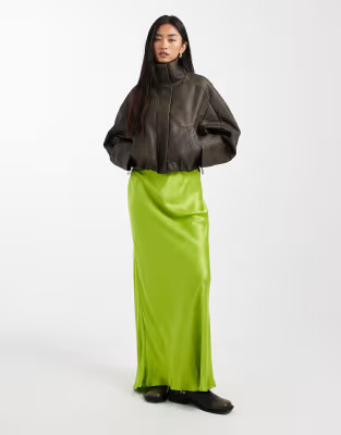 Miss Selfridge satin bias bow maxi skirt in green | ASOS (Global)