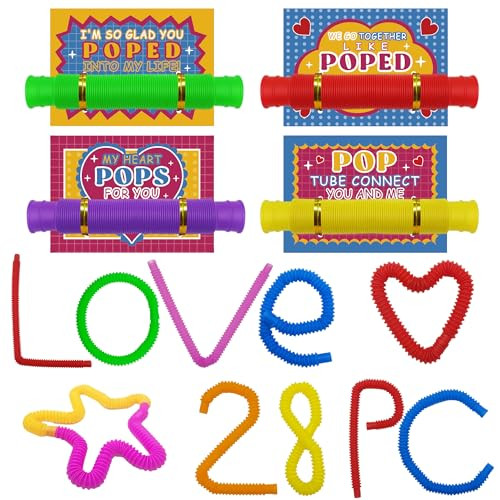 Hexagram Valentines Day Gifts for Kids, 28pcs Valentines Cards with 28pcs Pop Tubes Toys for Kids Classroom, Valentines Exchange Cards for Kids School Party Favors, Valentine's Pop Tubes Sensory Toy | Amazon (US)