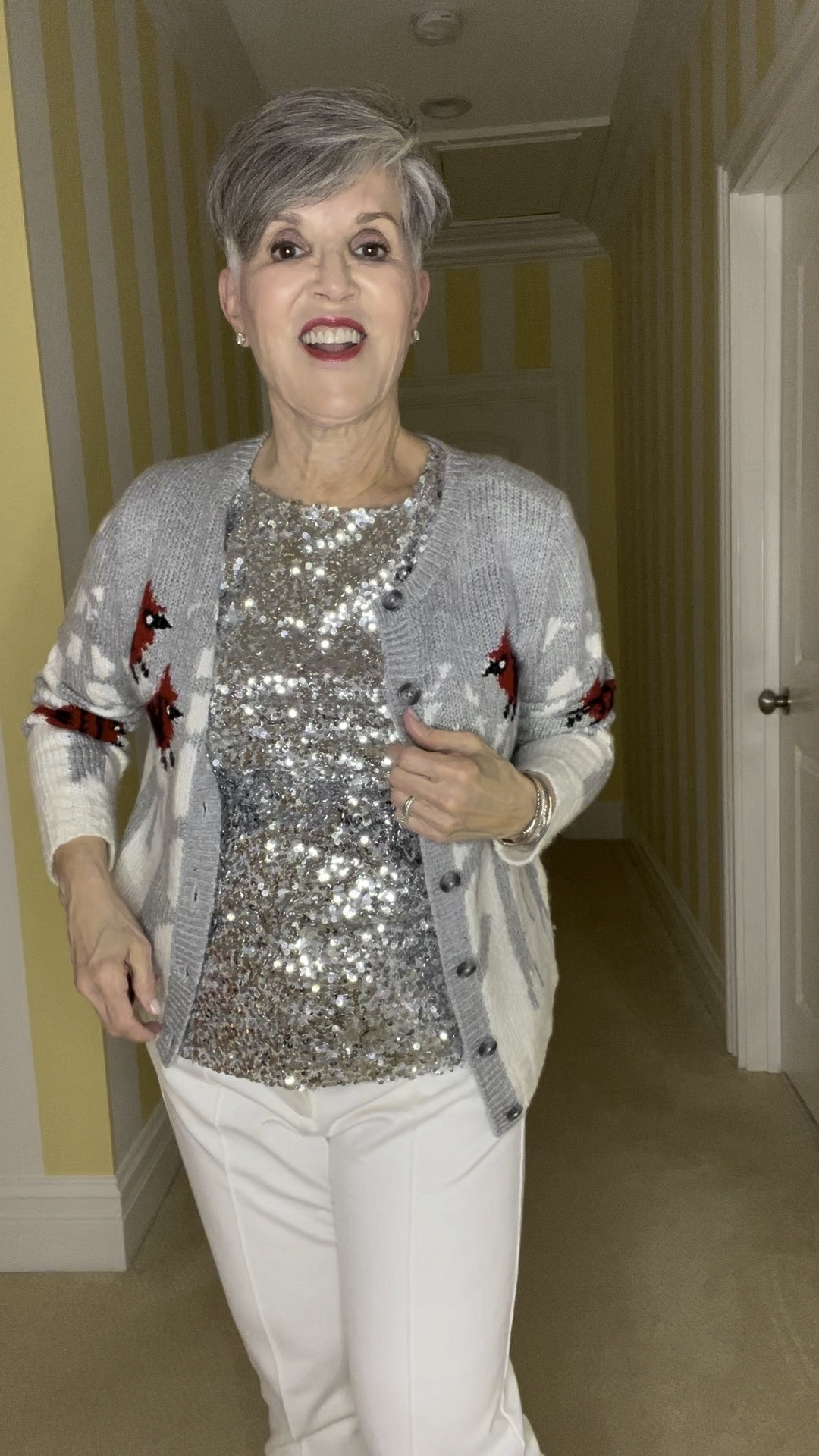 Great holiday party look.  Fun to wear to work and then to a work Christmas 🎄 party! Take this darling @talbots winter cardigan and layer it over a silver sequined shell.  My pants are white dress pants and my shoes are nude pumps.
#ltkparties

#LTKSeasonal #LTKHoliday #LTKsalealert