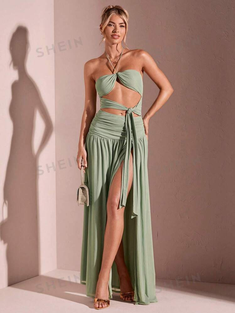 SHEIN BAE Women's Summer Beach Dress Solid Color Mesh Ruched Strap High Slit Sexy Long Dress For ... | SHEIN