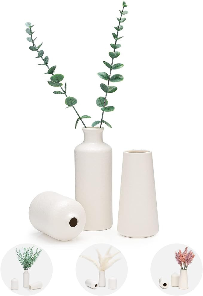 White Ceramic Vase Set of 3, Simple Decorative Ceramic Vases for Home Decor,Matte White Vase for ... | Amazon (US)