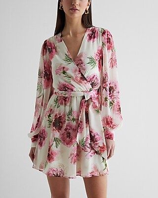 Floral Long Sleeve Tie Waist Mini Dress | Express